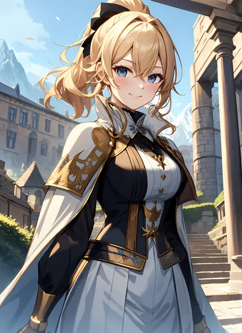 Elegant anime female character, golden ponytail, smile, blush, medieval knight aristocratic costume, outdoor, daytime, simple background, blue sky, sky, medieval castle, looking at the audience, stairs, mountains, movie lighting effects, large aperture por...