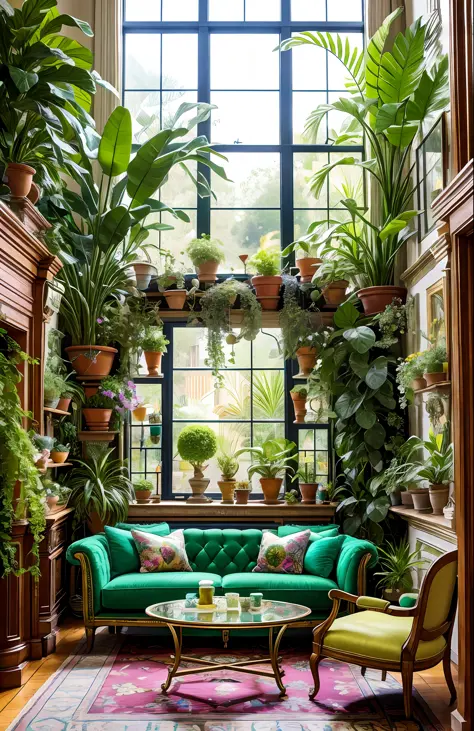 Architectural Digest photo of a maximalist green {vaporwave/steampunk/solarpunk} living room with lots of flowers and plants, go...