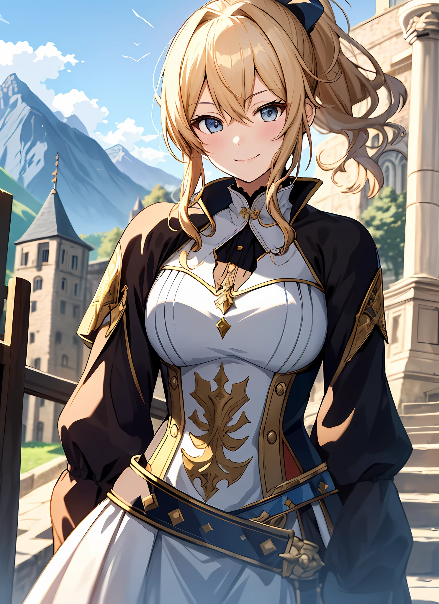 Elegant anime female character, golden ponytail, smile, blush, medieval knight aristocratic costume, outdoor, daytime, simple background, blue sky, sky, medieval castle, looking at the audience, stairs, mountains, movie lighting effects, large aperture portrait, dynamic pose, golden ratio