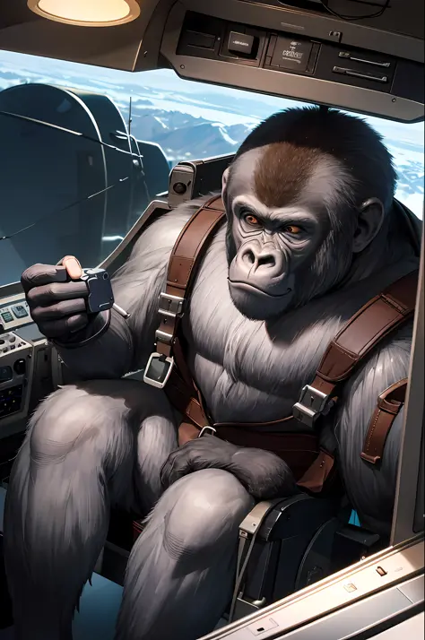 Masterpiece, best quality, realistic , cold monkey, gorilla, blur, cable, (flying plane: 1.2), sitting in the cockpit of an airplane, holding a tank, wearing a US Marine uniform, gloves, infrared sleeve, (holding an aircraft joystick: 1.2), hood, solo,