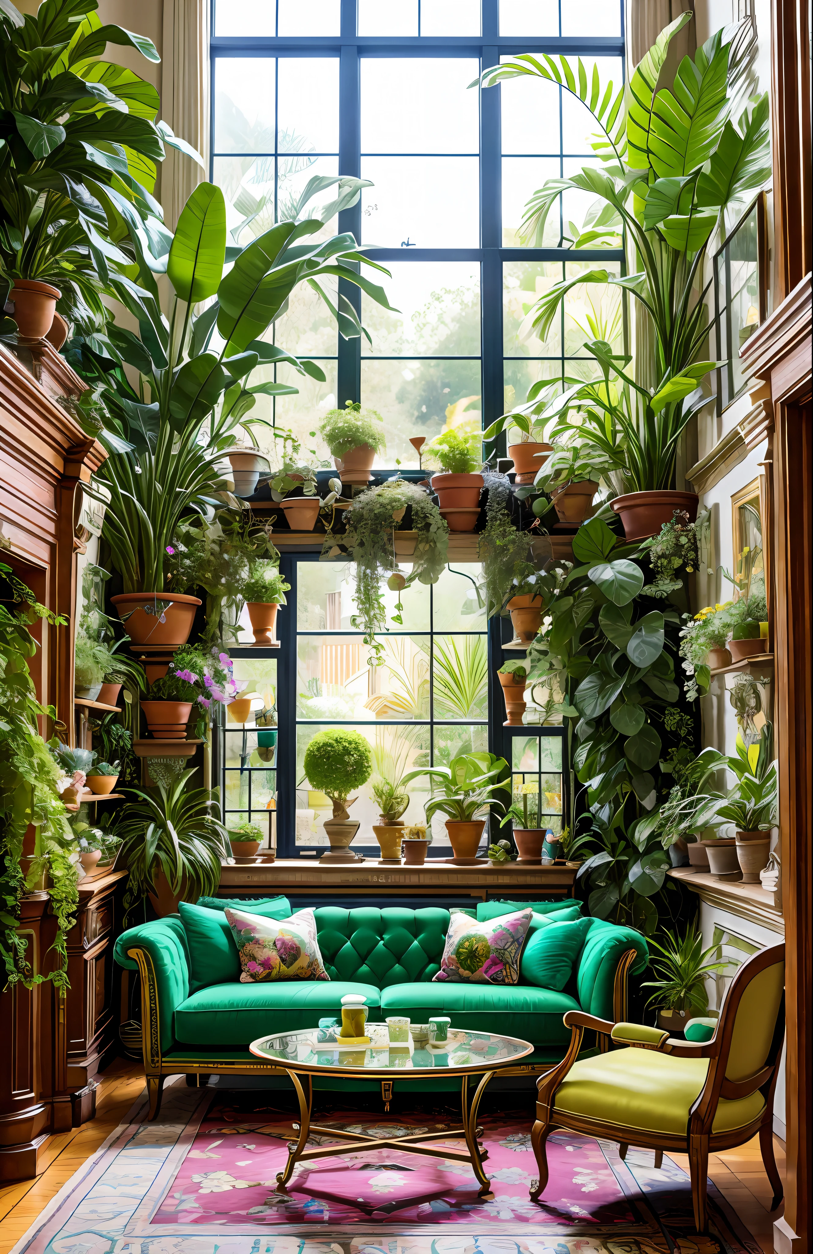 Foto de Architectural Digest de un verde maximalista {onda de vapor/steampunk/solarpunk} Sala de estar con muchas flores y plantas, luz dorada, surrealismo hiperrealista, obra maestra galardonada con detalles increíbles, impresionante épico