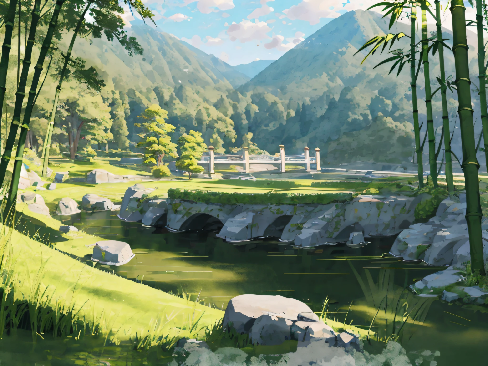 Ancient Chinese architecture, spring, dark night, garden, bamboo, lake, stone bridge, peach blossom, trees, flowing water, landscape, outdoor, grass, rock, (Illustration: 1.0 ), epic composition, realistic lighting, HD details, masterpiece, best quality, (very detailed CG unity 8k wallpapers), clay texture, clean background, natural light, best quality, ultra detail, 3d art, c4d, blender, oc renderer, 3d render, 8k