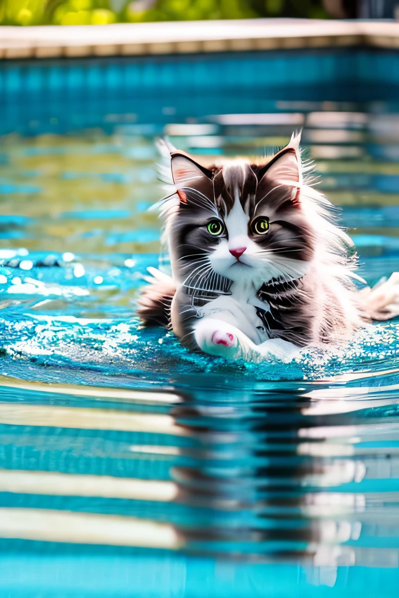 Cute Norwegian Forest Cat kitten, swimming in the pool