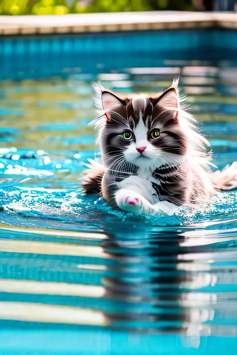 Cute Norwegian Forest Cat kitten, swimming in the pool