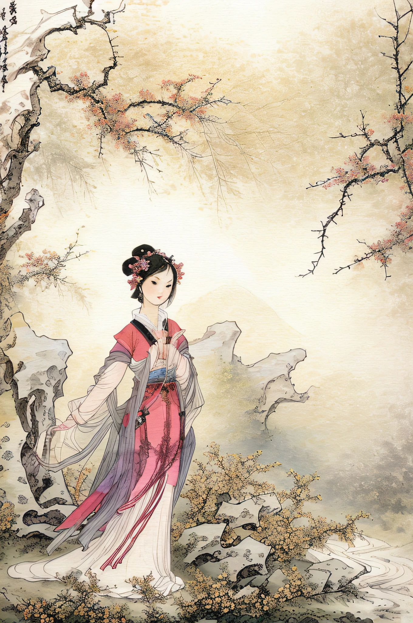 Masterpiece, Excellent, (Full body: 1.3), Solo, Chinese painting of Chinese girl beautiful face and eye details, tang, perfect skin, make happy expressions, gorgeous, pure, light makeup, jade jewelry, hair accessories, hair band, look at the audience, colorful, clear sharp focus, Instagram most watched, concept artist, distant mountains, depth of field, flowers, shrubs