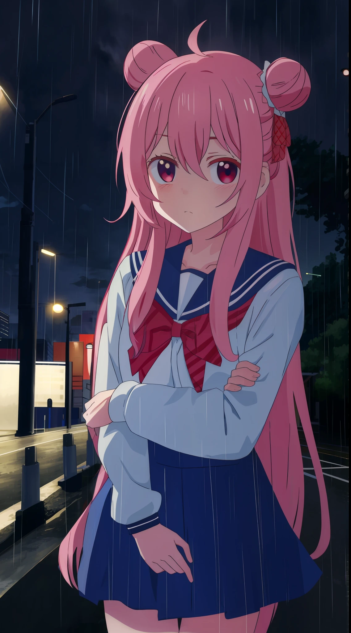 masterpiece, best quality, looking at viewer, facing viewer, bare legs, 1girl, solo, upper body, bow, serafuku, sad face, blushing, night time, raining, outdoors, city