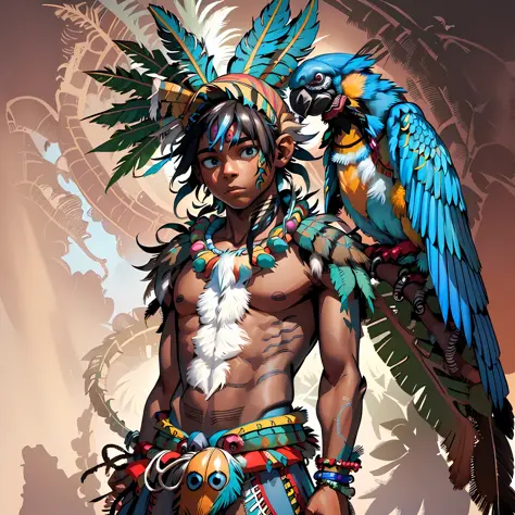 "1boy solo, Masterpiece, A majestic humanoid god with native brazilian indigenous brown skin, 17 years old, adorned with some bl...