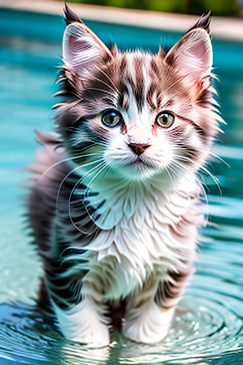 Gatinho bonito da floresta norueguesa, nadando na piscina