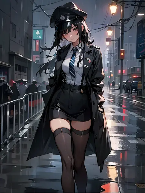 (Best Quality, Masterpiece: 1.3), 1 Girl, this painting depicts a woman in a police uniform standing in the rain, presenting the...