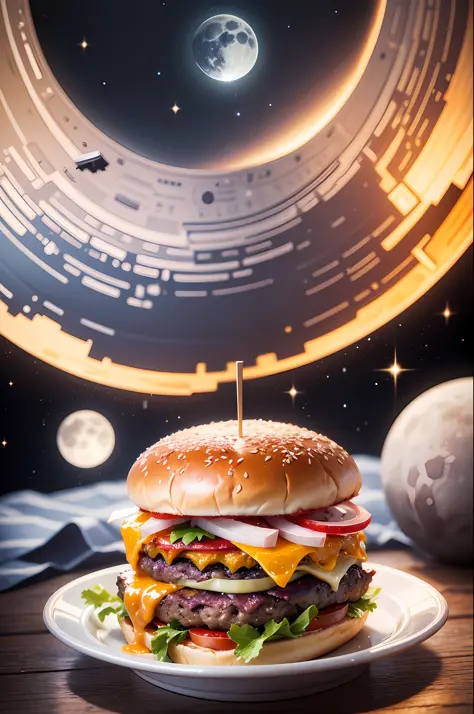 Ultra realistic, a delicious burger floating in space near the moon --auto --s2