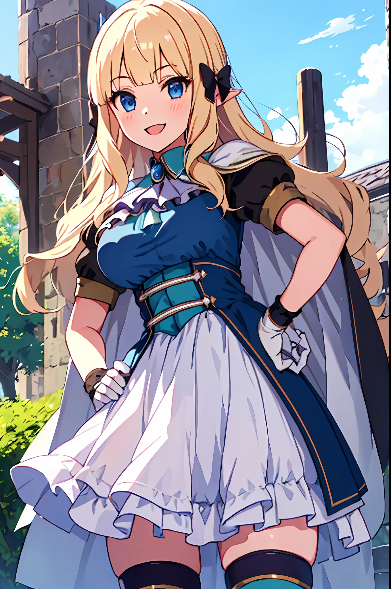 ((masterpiece, best quality)),very detailed, simple eyes,(outdoors,hands on hip),(large breasts),((1girl)), saren_\(princess_connect!\),bangs, black_bow, blonde_hair, blue_eyes, blush, bow, breasts, cape, cloak, dress, elf, gloves, hair_bow, hair_ornament,long_hair, looking_at_viewer, open_mouth, pointy_ears, smile, thighhighs,white skirt