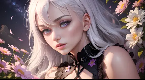 Realistic, 1girl, white hair, purple eyes, glowing eyes, cropped top, skirt, parted lips, blush, night, flowers, sun, sun, sexy, feminine, seductive, provocative, multi-angle shooting, appropriate pose