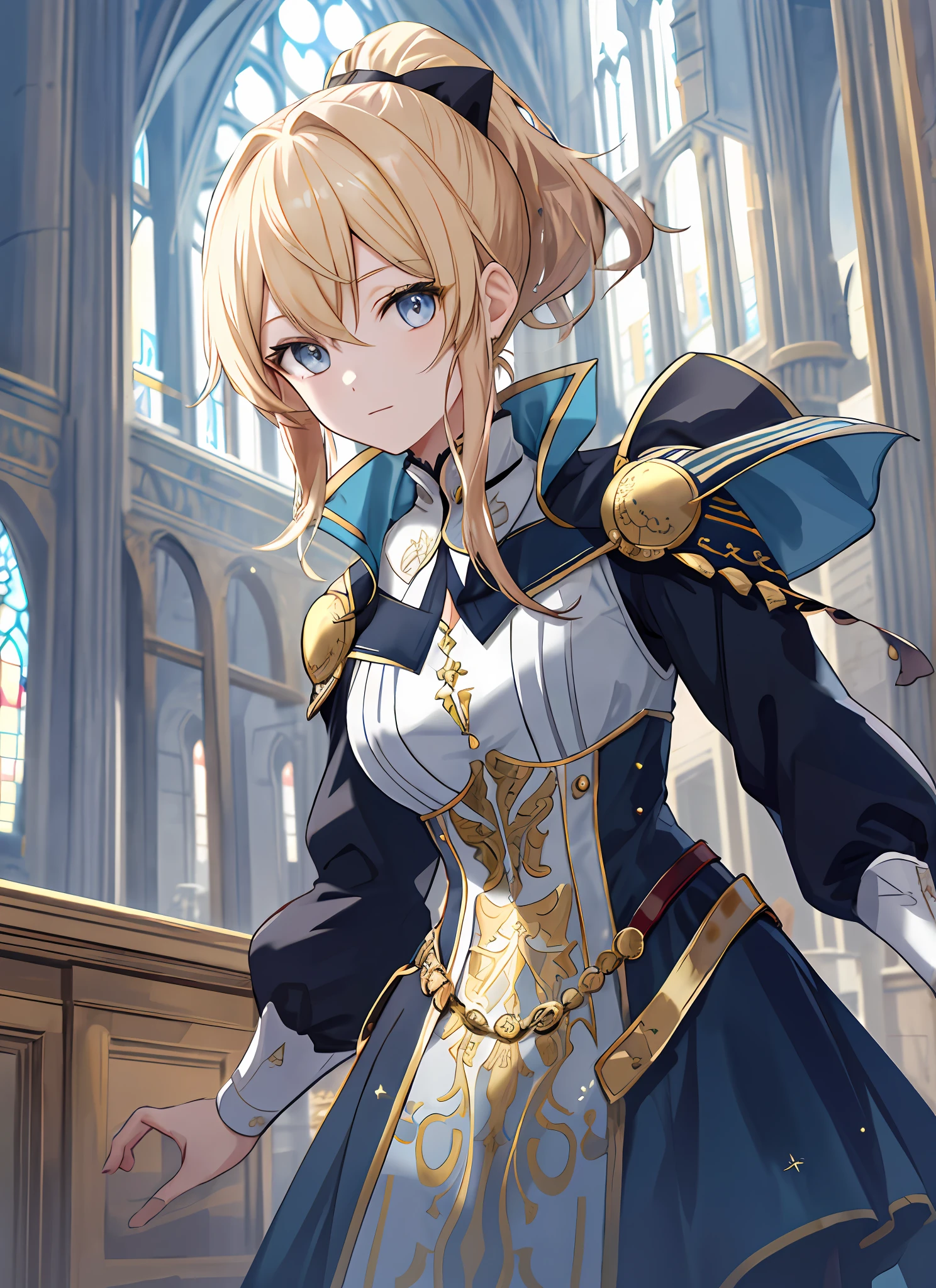 Elegant anime female characters, golden ponytail, extremely attractive eyes, medieval knight and aristocratic costumes, daytime, blue sky, sky, cathedral, looking at the audience, behind the floor-to-ceiling windows, surrounded by mountains outside the window, movie lighting effects, large aperture portrait, dynamic pose, golden ratio, rich details