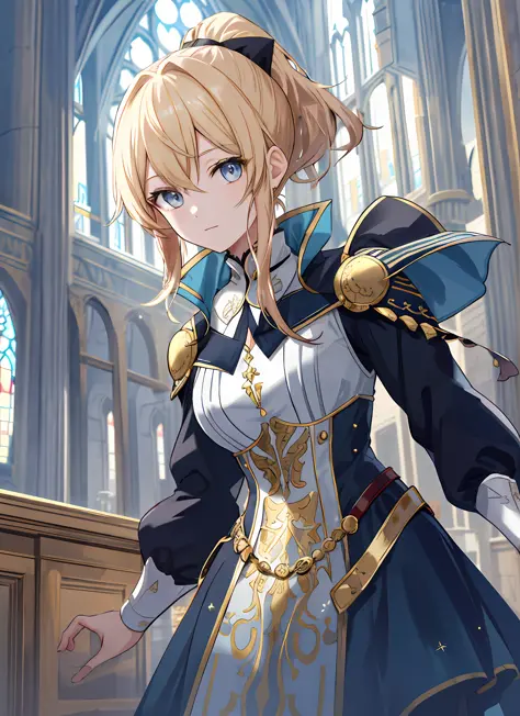 elegant anime female characters, golden ponytail, extremely attractive eyes, medieval knight and aristocratic costumes, daytime,...