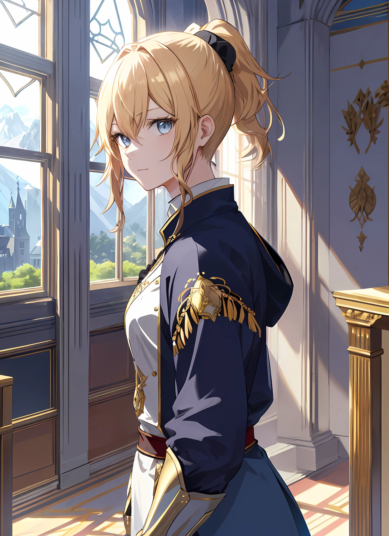 Elegant anime female characters, golden ponytail, extremely attractive eyes, medieval knight and aristocratic costumes, daytime, blue sky, sky, cathedral, looking at the audience, behind the floor-to-ceiling windows, surrounded by mountains outside the window, movie lighting effects, large aperture portrait, dynamic pose, golden ratio, rich details