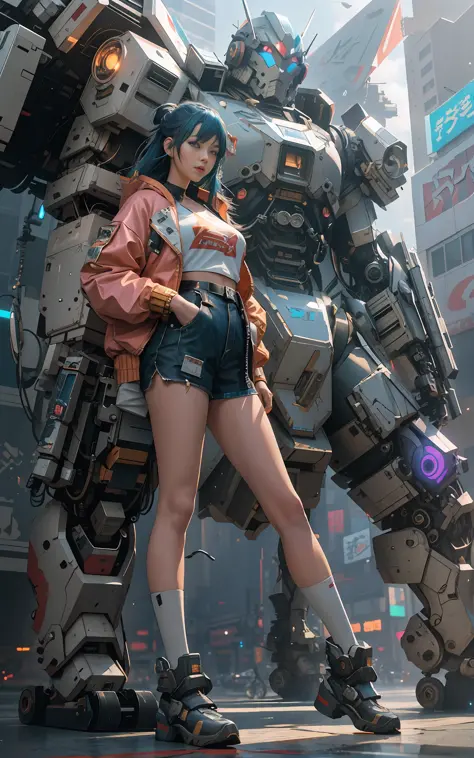 anime girl standing next to giant robot in a city, cyberpunk anime girl mech, digital cyberpunk anime art, ross tran 8 k, wojtek...