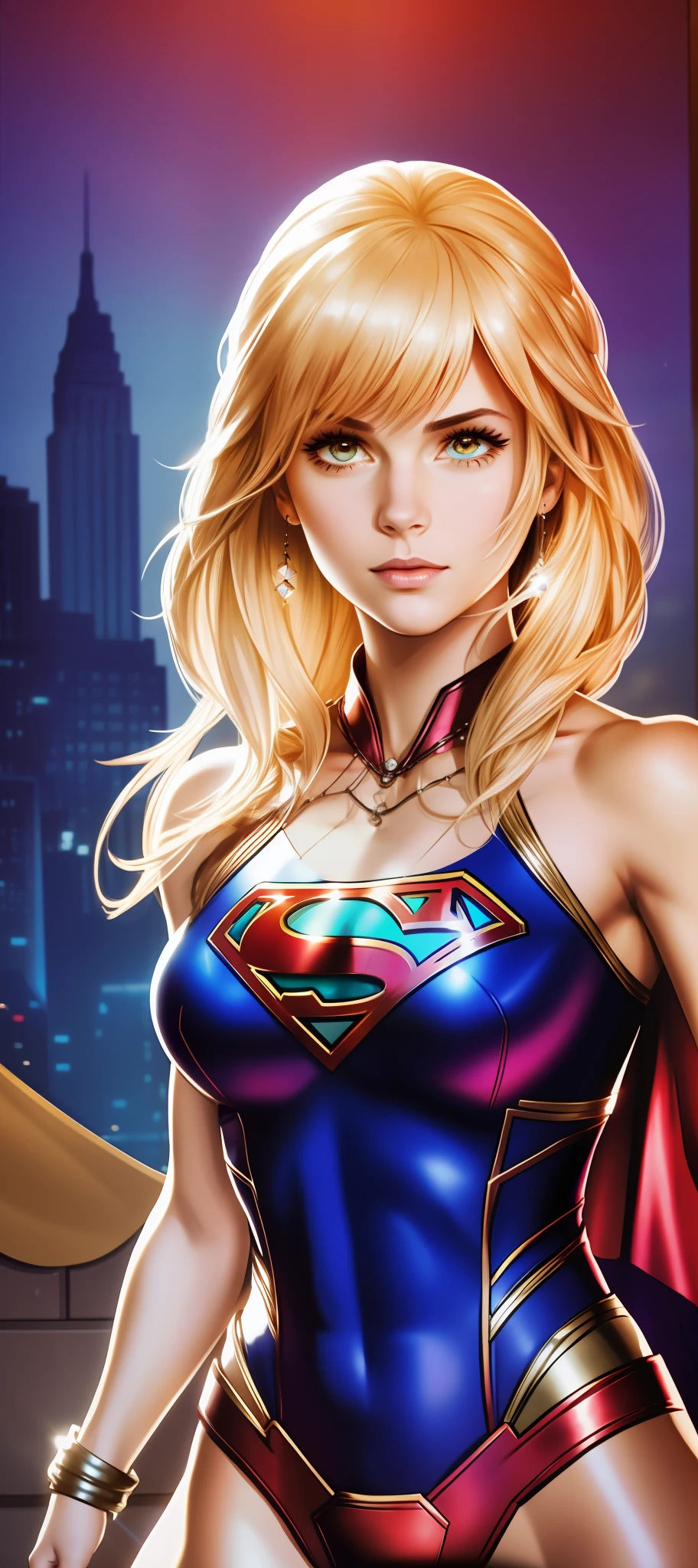 "Supergirl's masterpiece of art complete, high quality, ultra detailed in 4k, 8k, high resolution, hyper-realistic photo, hyper-detailed, realistic skin texture, amazing shadows, extremely detailed texture, perfect lighting, high-level image quality." A female superheroine, inspired by x-man, Fair skin, blond hair, outlined eyes, outlined face, bracelet, Full body, Nice super hero clothes, in the florest, outside a mansion, symbol S of superman. --auto --s2