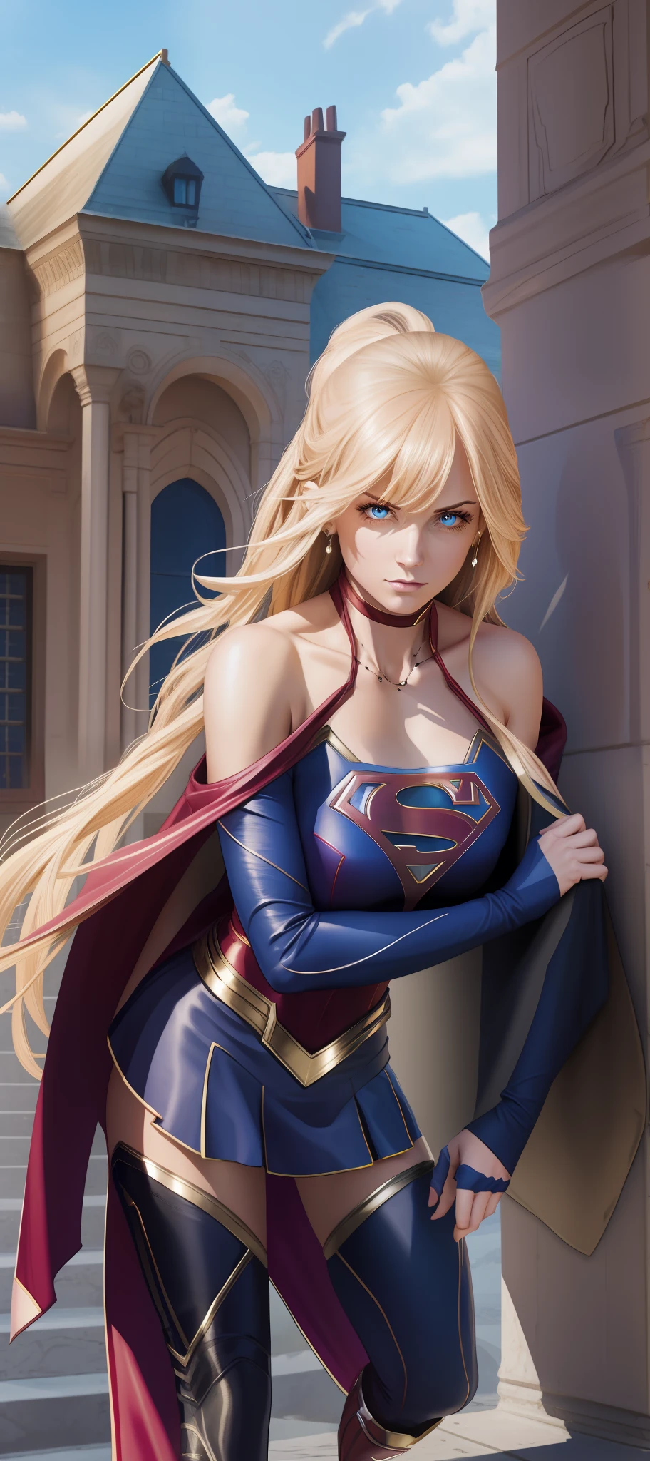 "Supergirl's masterpiece of art complete, high quality, ultra detailed in 4k, 8k, high resolution, hyper-realistic photo, hyper-detailed, realistic skin texture, amazing shadows, extremely detailed texture, perfect lighting, high-level image quality." A female superheroine, inspired by x-man, Fair skin, blond hair, outlined blue eyes, outlined face, bracelet, Full body, Nice super hero clothes, in the florest, outside a mansion, symbol S of superman. --auto --s2