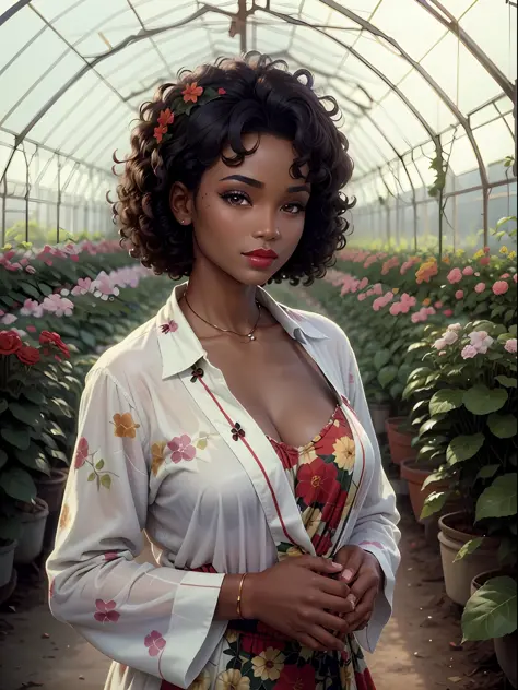 color Film photograph of a beautiful ebony woman, short hair, curly hair, flower greenhouse, 1980s, makeup, red lipstick