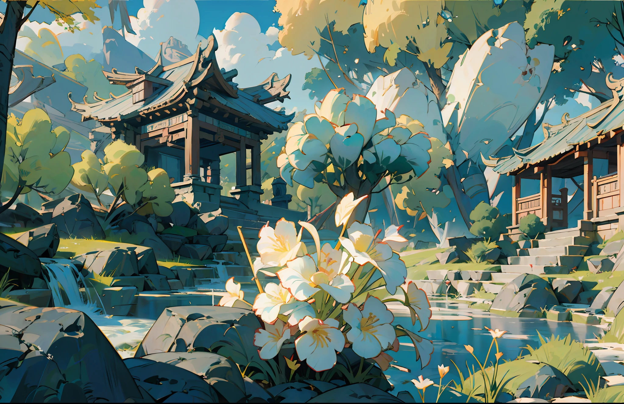 Incredible detail and realistic CG unity 8K wallpaper, the beauty of classical Chinese gardens, an oriental landscape painting, ancient China, stunning landscapes including tranquil lakes and rivers surrounded by lush vegetation and majestic trees, natural light, blue sky, fluffy clouds, waterfalls, bokeh, extremely pure white background, dreamy, romantic, depth of field, HDR, bloom, chromatic aberration and intricate details,