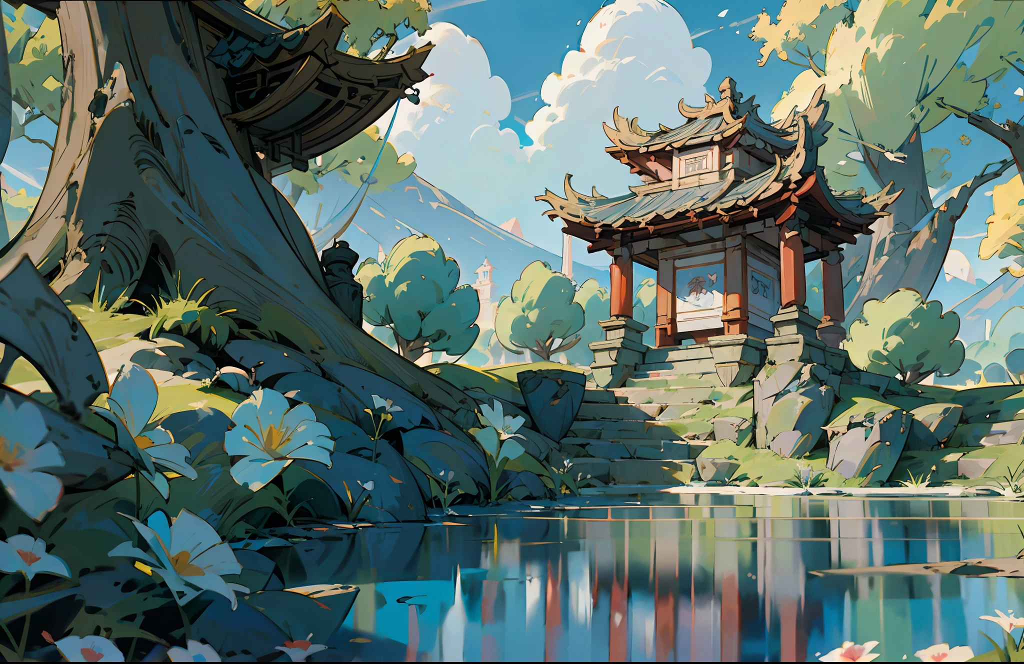 Detalles increíbles y fondo de pantalla realista CG unity 8K, La belleza de los jardines chinos clásicos., una pintura de paisaje oriental, ancient China, Impresionantes paisajes que incluyen tranquilos lagos y ríos rodeados de exuberante vegetación y majestuosos árboles, luz natural, cielo azul, Nubes esponjosas, cascadas, bokeh, fondo blanco extremadamente puro, soñador, romantic, profundidad de campo, hdr, floración, Aberración cromática y detalles intrincados,