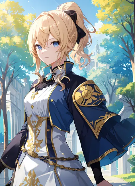 elegant anime female characters, golden ponytail, extremely attractive eyes, medieval knight and aristocratic costumes, daytime,...