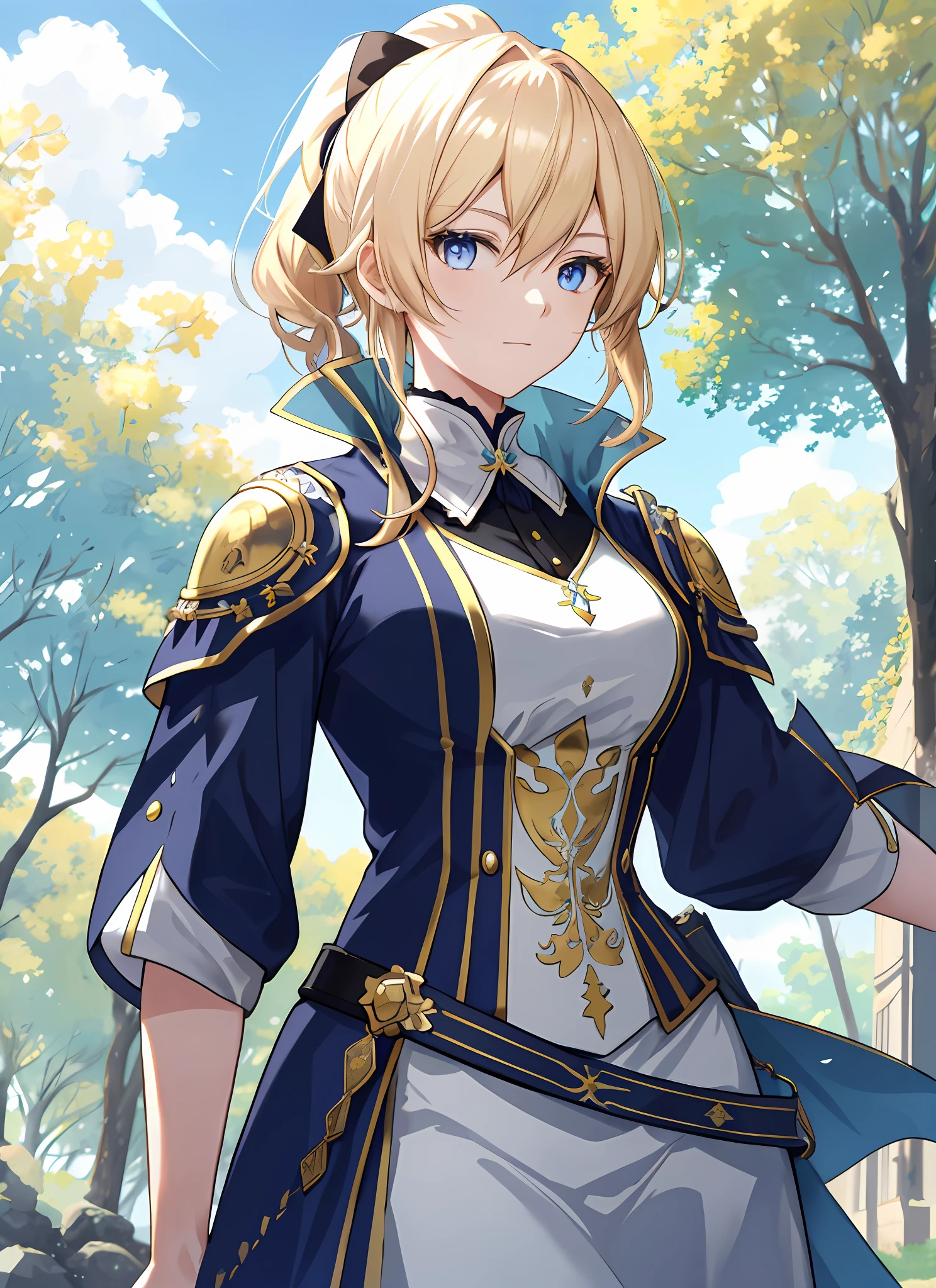 Elegant anime female characters, golden ponytail, extremely attractive eyes, medieval knight and aristocratic costumes, daytime, blue sky, sky, outdoors, under towering trees, cinematic lighting effects, large aperture portrait, dynamic pose, golden ratio, rich details