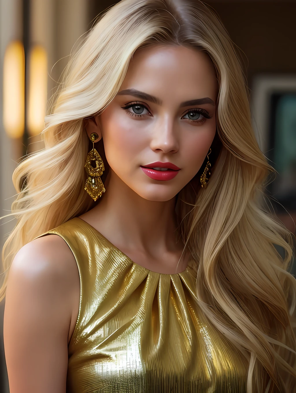 photo of a stunning beautiful woman in the cover of a fashion magazine, long messy windy blonde hair, green eyes, (Vogue magazine cover:1.3), (cosmopolitan15:1.2), modelshoot style, (extremely detailed CG unity 8k wallpaper), photo of the most beautiful artwork in the world, professional majestic oil painting by Ed Blinkey, Atey Ghailan, Studio Ghibli, by Jeremy Mann, Greg Manchess, Antonio Moro, trending on ArtStation, trending on CGSociety, Intricate, High Detail, Sharp focus, dramatic, photorealistic painting art by midjourney and greg rutkowski, (sexy shiny golden dress:1.1), (looking at viewer), (detailed pupils:1.3), (modern outfit:1.2), (closeup), red lips, (earrings), (fashion magazine logo), (magazine text), (magazine title:1.1)
