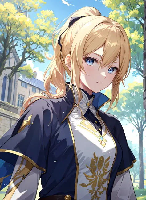 elegant anime female characters, golden ponytail, extremely attractive eyes, medieval knight and aristocratic costumes, daytime,...