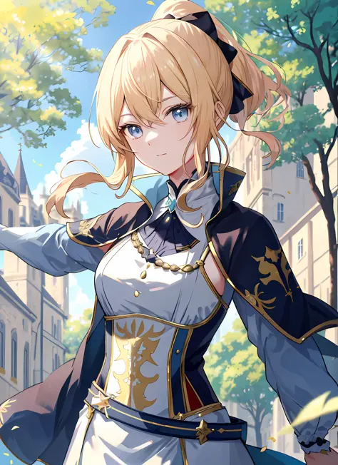 elegant anime female characters, golden ponytail, extremely attractive eyes, medieval knight and aristocratic costumes, daytime,...