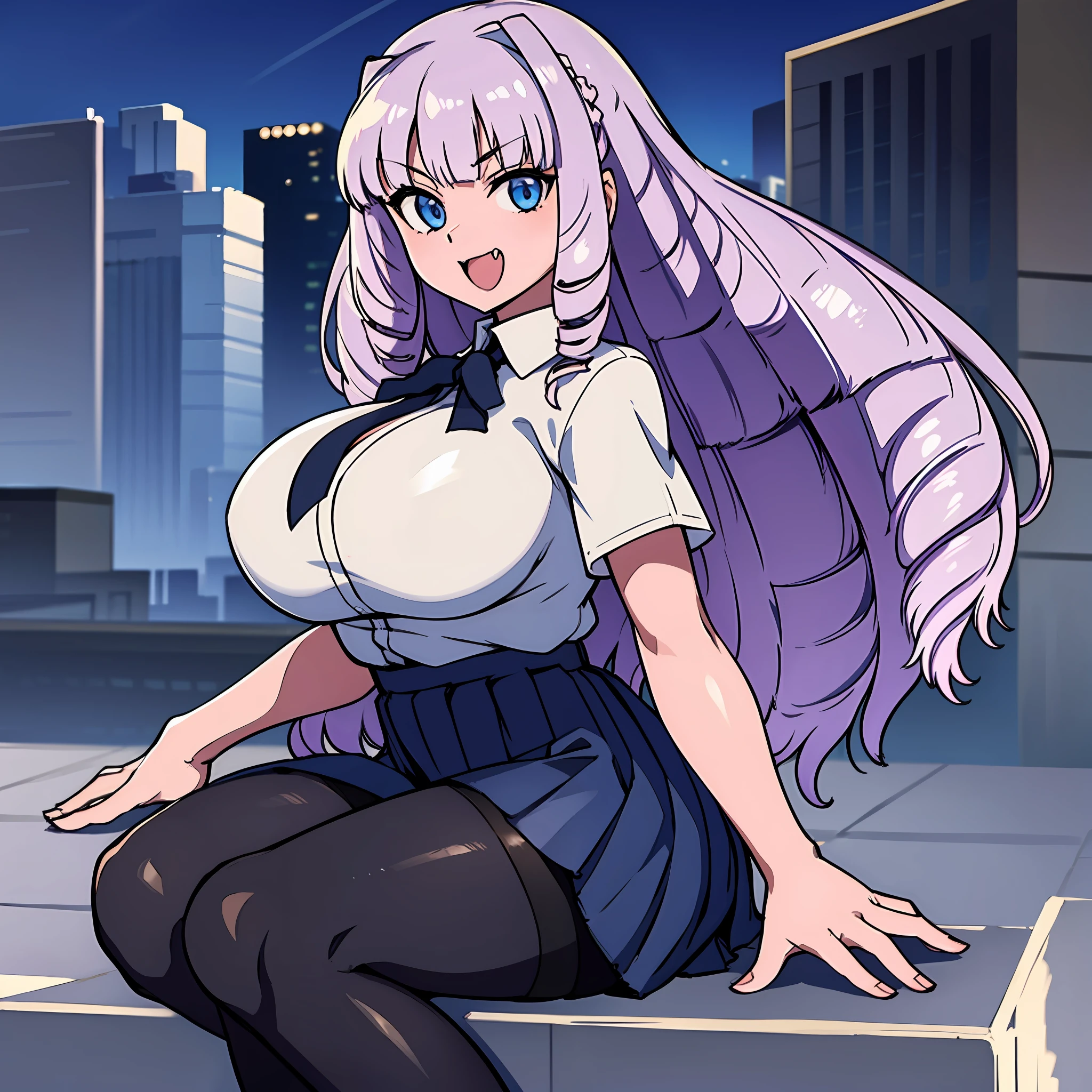 1girl, solo, Fujido Oriko, black pantyhose, blue eyes blue skirt, blunt bangs, breasts, cowboy shot, drill hair, fang, large breasts, long hair, looking at viewer, looking back, open mouth, pantyhose, pleated skirt, purple hair, shirt, short sleeves, skirt, smile, sitting, white hair, white shirt, giantess, sitting on a building, building like a chair