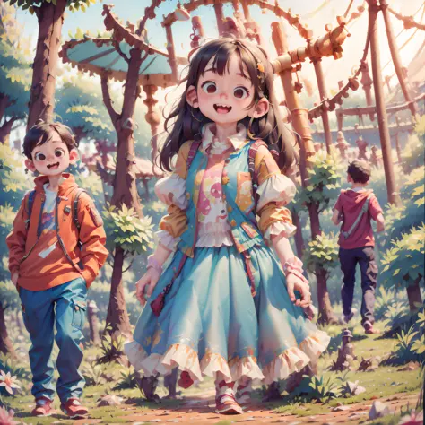 Fine, detailed, 8K, best quality, bright noon little girl walking happily in the amusement park, perfect quality, clear focus, (...