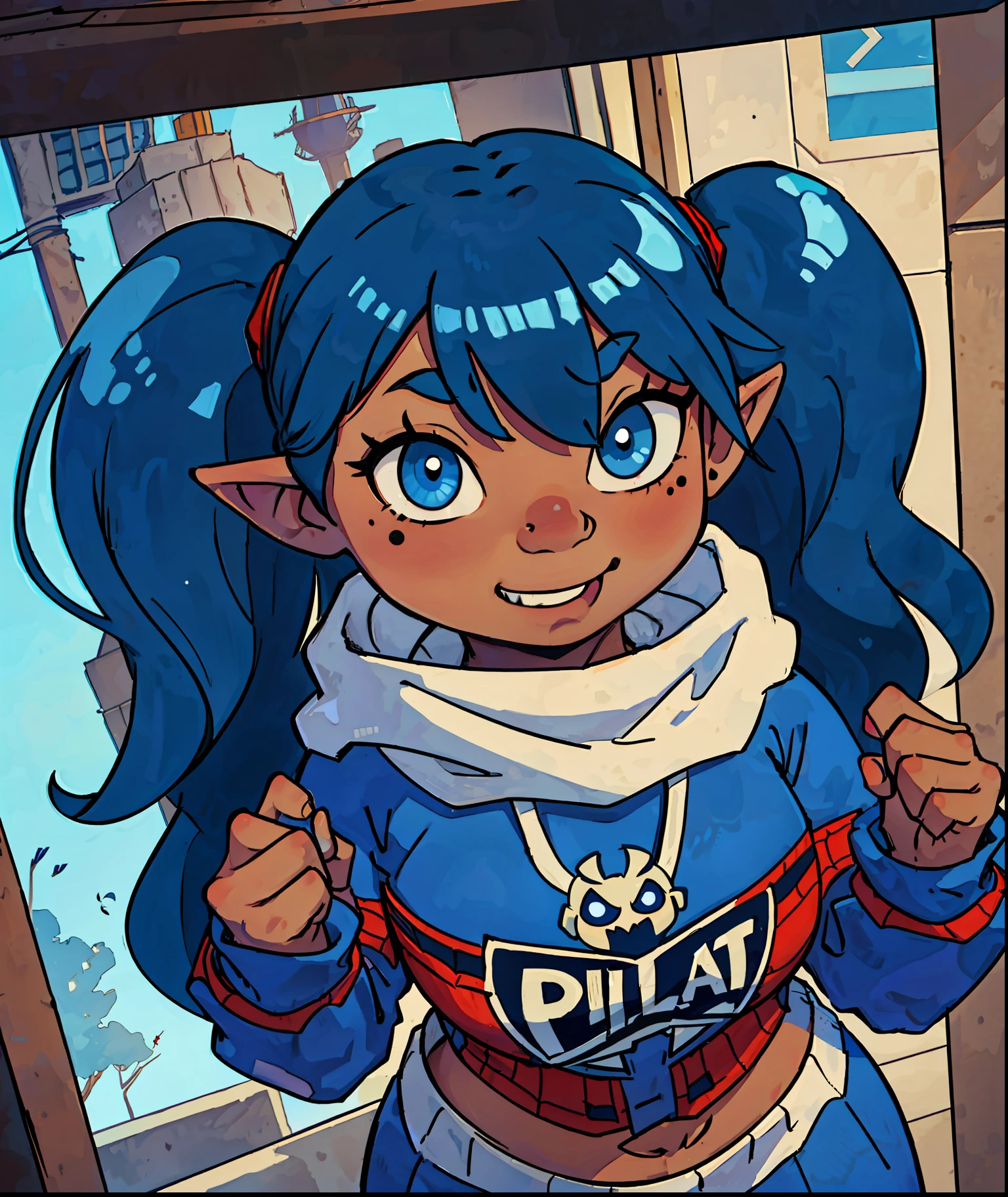 goblin girl, blue hair, very long hair, dark_ skin, dark skin goblin, wide body, very dark skin girl, small stature, busty, hair between eyes, twintails, chubby, chubby girl, chubby girl goblin, wide hips, blue eyes, mole, mole on chest, age up, lips, big lips, thick eyebrows, body with fur, tusk, short girl, short goblin girl twintails, short girl, highly detailed, high quality, best quality, 8k, full body, fat, smile, spider-man cosplay, spider-man suit, spider-man costume, spider-woman, spider-woman suit, hood, small stature