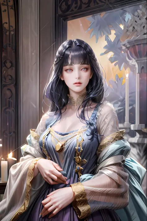 (absurdres, highres, ultra detailed), 1girl, solo, mature, (very long hair, dark blue hair), Baroque, long dress, long sleeve, e...