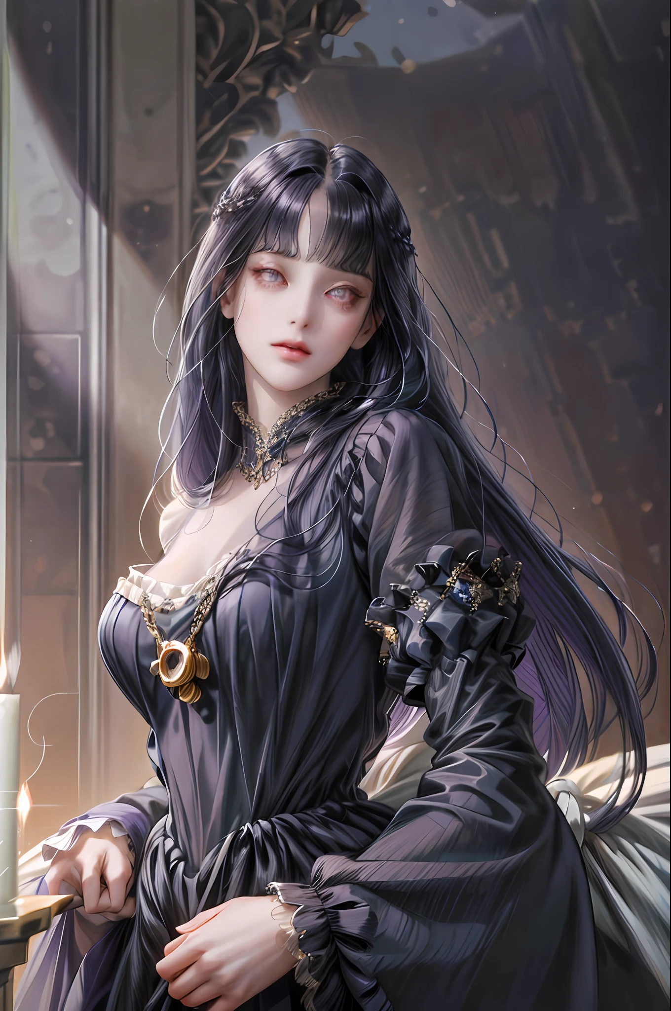 (absurdres, highres, ultra detailed), 1girl, solo, mature, (very long hair, dark blue hair), Baroque, long dress, long sleeve, elegant, colorful, highest detailed, upper body, (purple eyes), ((blunt bangs)), beautiful face