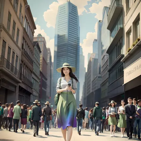 there is a woman walking down the street in a green skirt, standing in a city center, ross tran 8 k, standing on a city street, stylized urban fantasy art, guweiz-style art, by Fei Danxu, stunning digital illustration, photorealistic cityscape, on a city s...