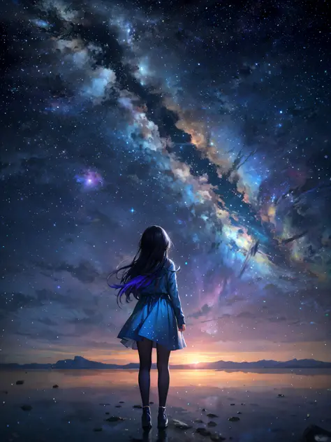 starry sky with a woman standing on a beach looking at the stars, girl looks at the space, anime girl with dark blue hair in a white dress, girl in space, endless cosmos in the background, looking out into the cosmos, amazing wallpaper, on a galaxy looking...