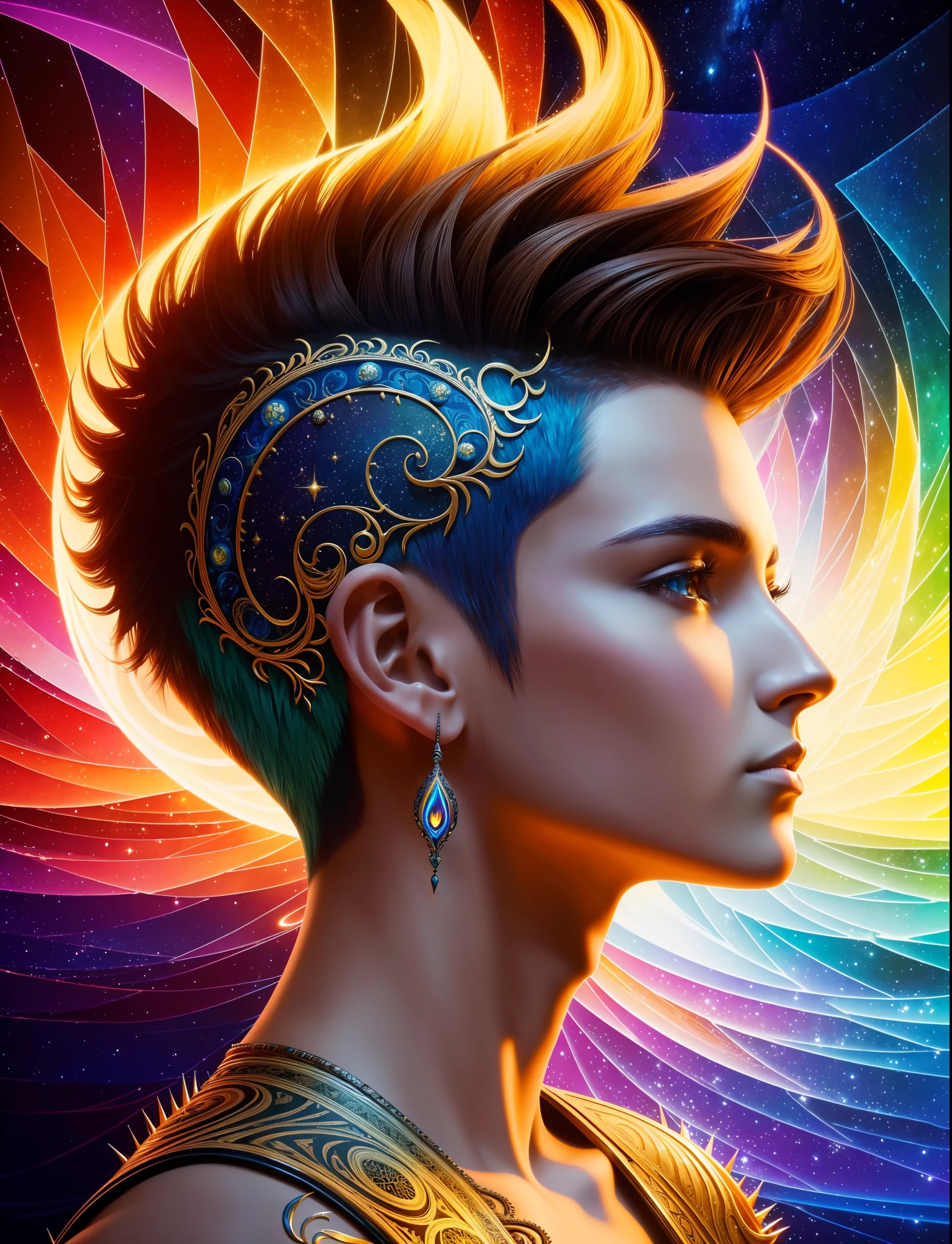 (masterpiece:1.4, best quality), (intricate details), unity 8k wallpaper, ultra detailed, award-winning painting, (visually stunning:1.4), ethereal figure, otherworldly subjects, spiked hair, short hair, light brown, (style of Christian Ward:1.3), vivid hues, (bold use of colors:1.1), intricate patterns, fusion of traditional and digital techniques, cosmic landscapes