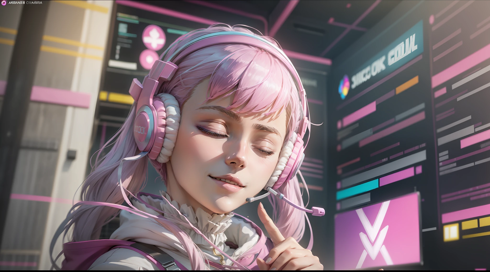 Woman with peace sense headset, closed eyes, beautiful face, RGB colors, anime pink hair, banner for youtube video, happy girl, clouds with RGB colors., bright RGB colors.
