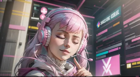 Woman with peace sense headset, closed eyes, beautiful face, RGB colors, anime pink hair, banner for youtube video, happy girl, ...