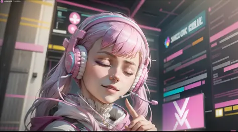 woman with peace sense headset, closed eyes, beautiful face, rgb colors, anime pink hair, banner for youtube video, happy girl, ...