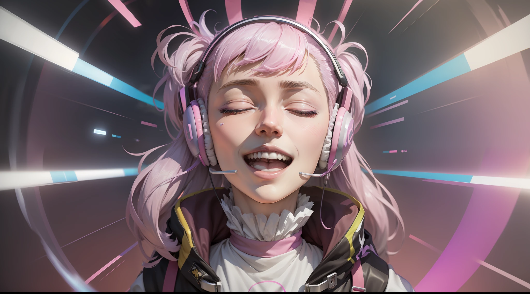 Mulher com fone de ouvido com senso de paz, olhos fechados, rosto bonito, Cores RGB, cabelo rosa anime, Banner para vídeo do youtube, garota feliz, clouds with Cores RGB., bright Cores RGB.