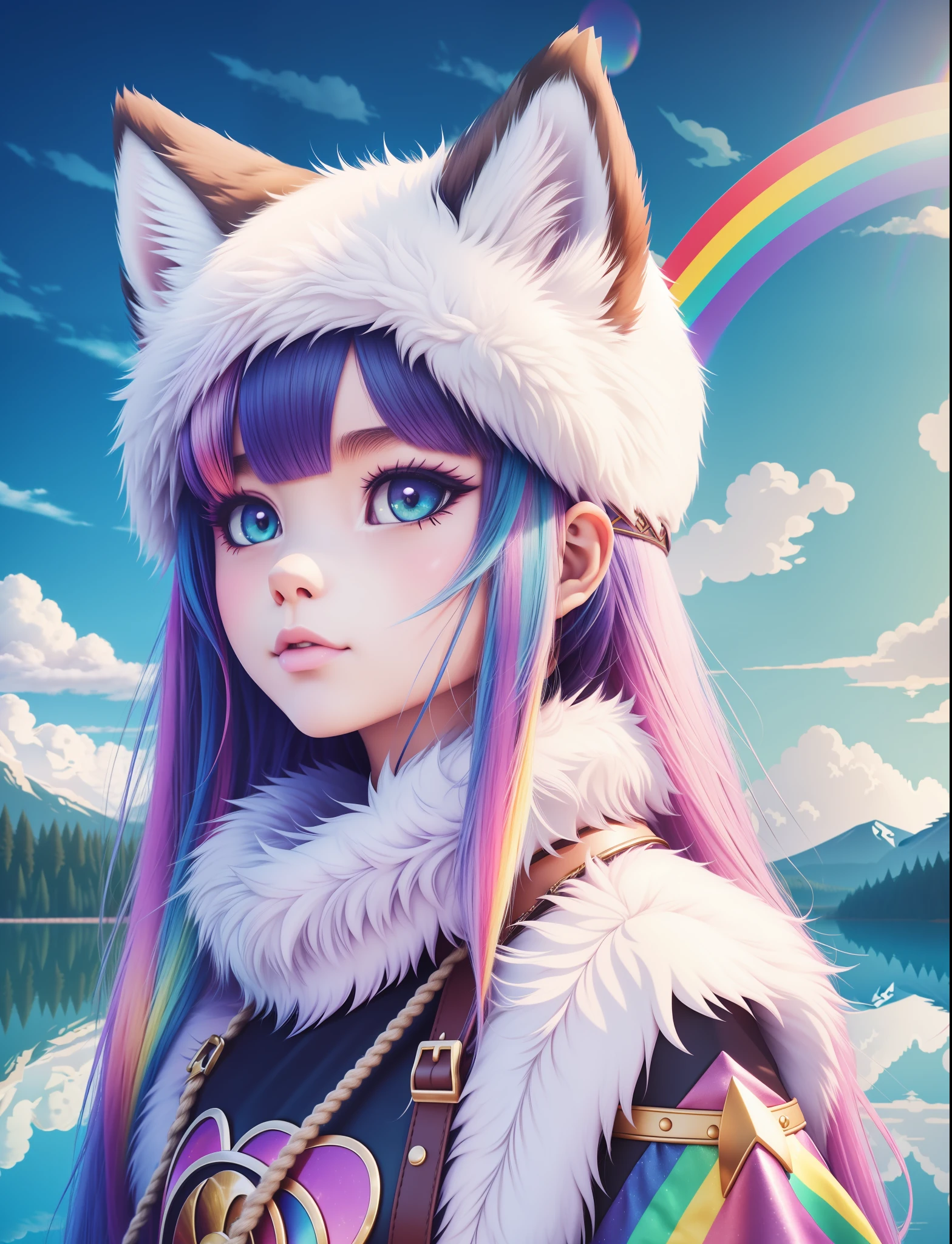 1girl, furry girl, anime furry women, (best quality)), ((masterpiece)), ((realistic)), (detailed), portrait, close up, young female, RAW photo, uhd, dslr, rainbow hair, high quality, realistic, photo realistic, dreamlikeart, lens flare, upper body, looking at viewer, animal focus, furry, wolf fursuit, 1girl, cute, kawaii, lovely, fur, fur head, wolf head, narrow waist, wolf ears, chocker with rope, blush, paw, paw shoes, rainbow clothes, stunning gradient colors, no watermark signature, detailed background, woods, small lake with island, insanely detailed, ((masterpiece)), absurdres, HDR
