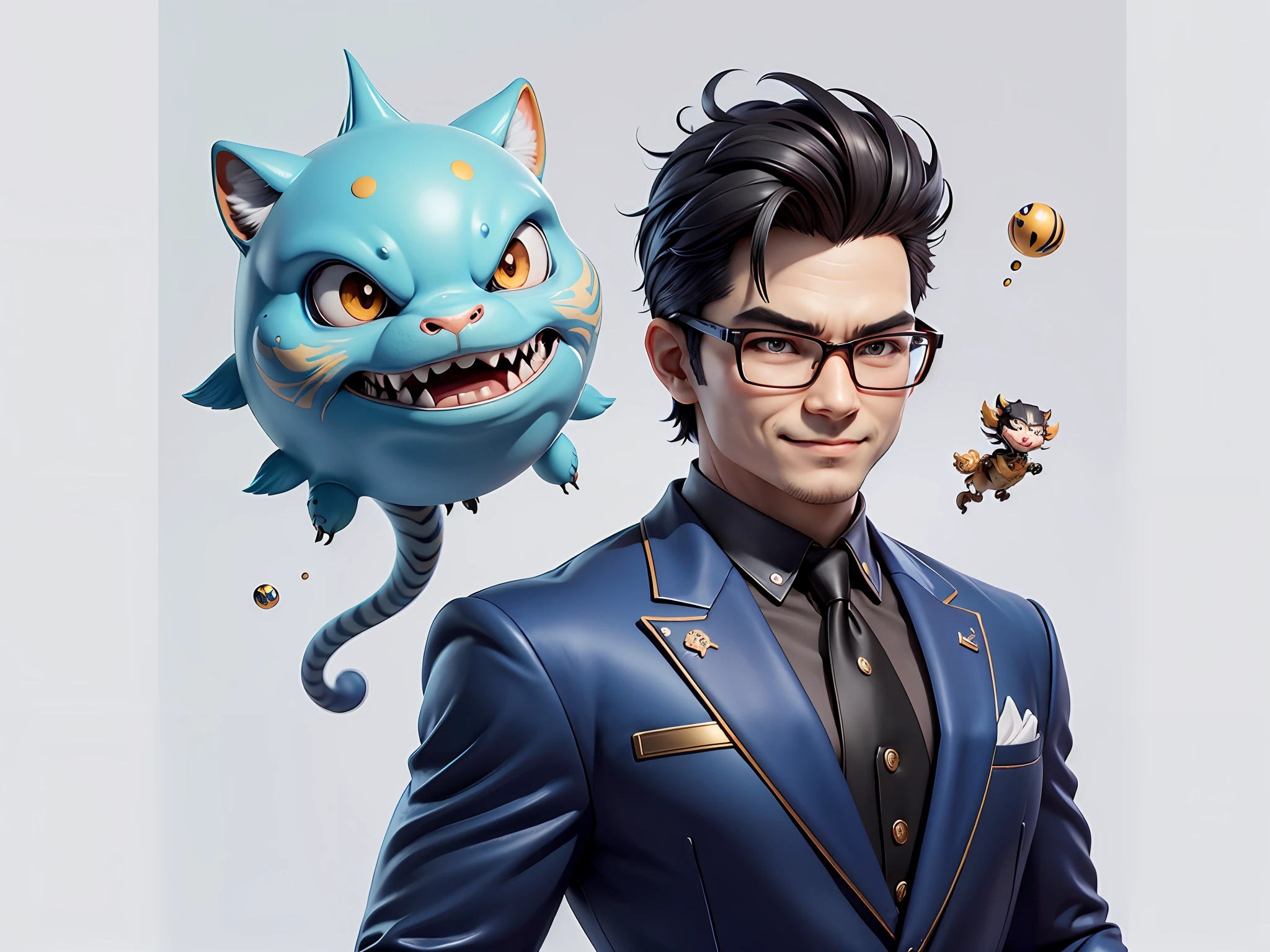 (Masterpiece), (Extreme Quality), (Super Meticulous), (Full Body: 1.2), Super Young Man, Chinese Dragon, Tiger, Wind God Thor, Sexy, Bursting, Oriental Face, TV Anchor, Bust Portrait Illustration, Black Formal Suit, Blue Tie, Slightly Chubby Face, Silver Glasses, Very Clean Face, No Beard on Chin, Black Super Short Hair, Black Eyes, Confident Smile, 3c Computer Sub-Products, iPad, iPhone, Digital Painting, 3D Character Design by Mark Claireden and Pixar and Hayao Miyazaki and Akira Toriyama, The illustration is a high-definition illustration in 4K resolution with very detailed facial features and cartoon-style visuals.