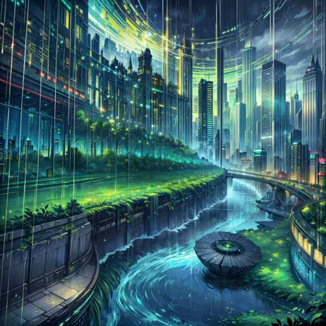 (best quality) a large emerald city, with several rivers running through it, amid a light rain. (floating),(vibrant colors),(eme...