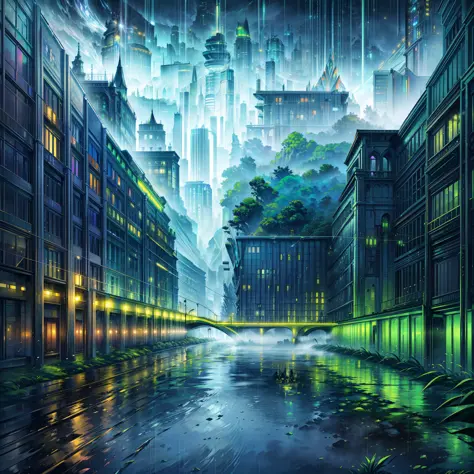 (best quality) a large emerald city, with several rivers running through it, amid a light rain. (floating),(vibrant colors),(eme...