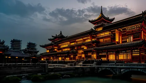 nighttime view of a building with a bridge and a river, cyberpunk chinese ancient castle, ancient chinese architecture, japanese...