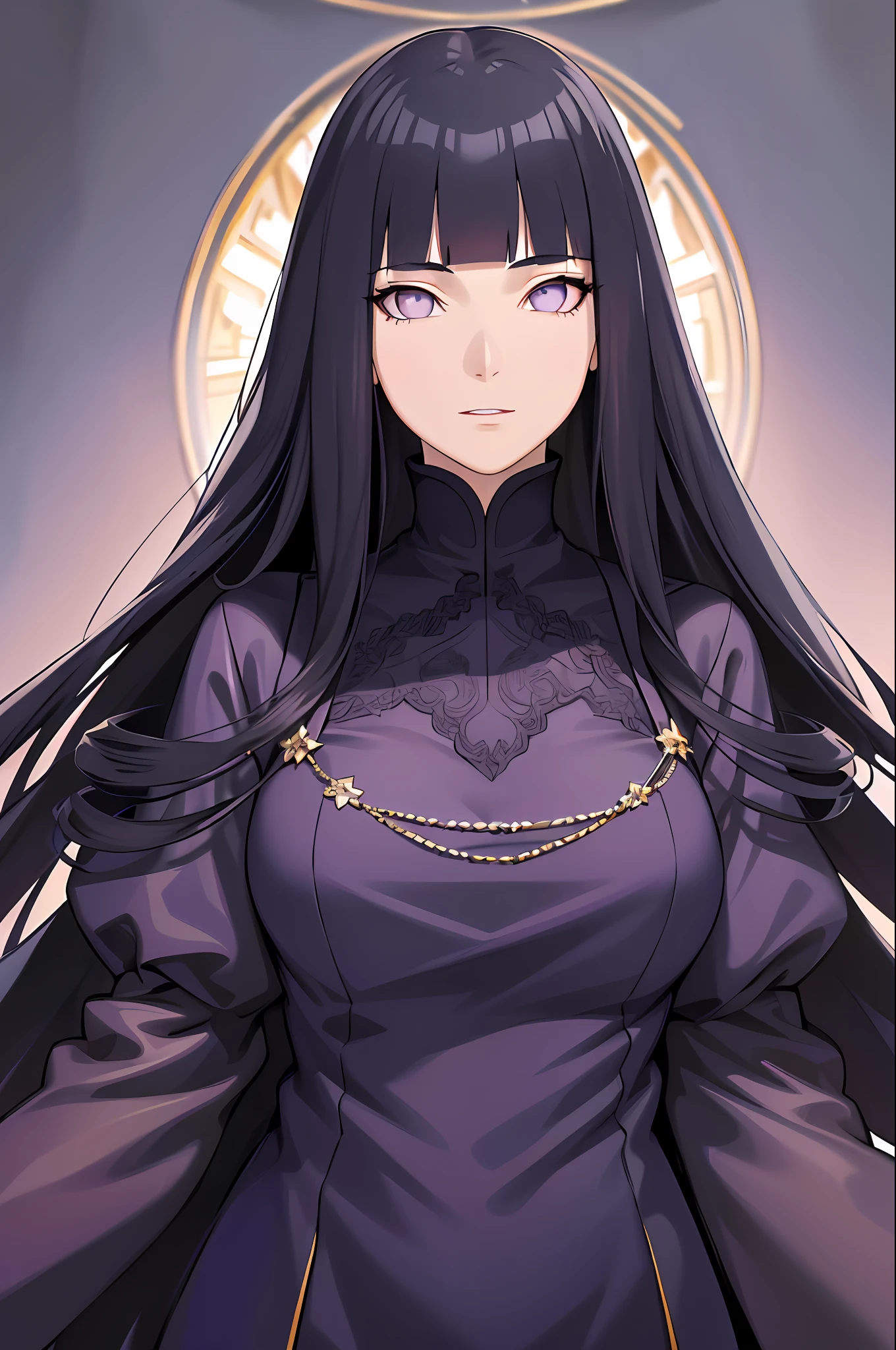 (absurdres, highres, ultra detailed), 1girl, solo, mature, (very long hair, dark blue hair), Marquess, long dress, long sleeve, elegant, colorful, highest detailed, upper body, (purple eyes), ((blunt bangs)), beautiful face, detailed face