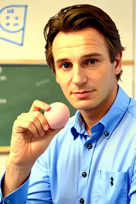 Male teacher in classroom holding an egg in hand