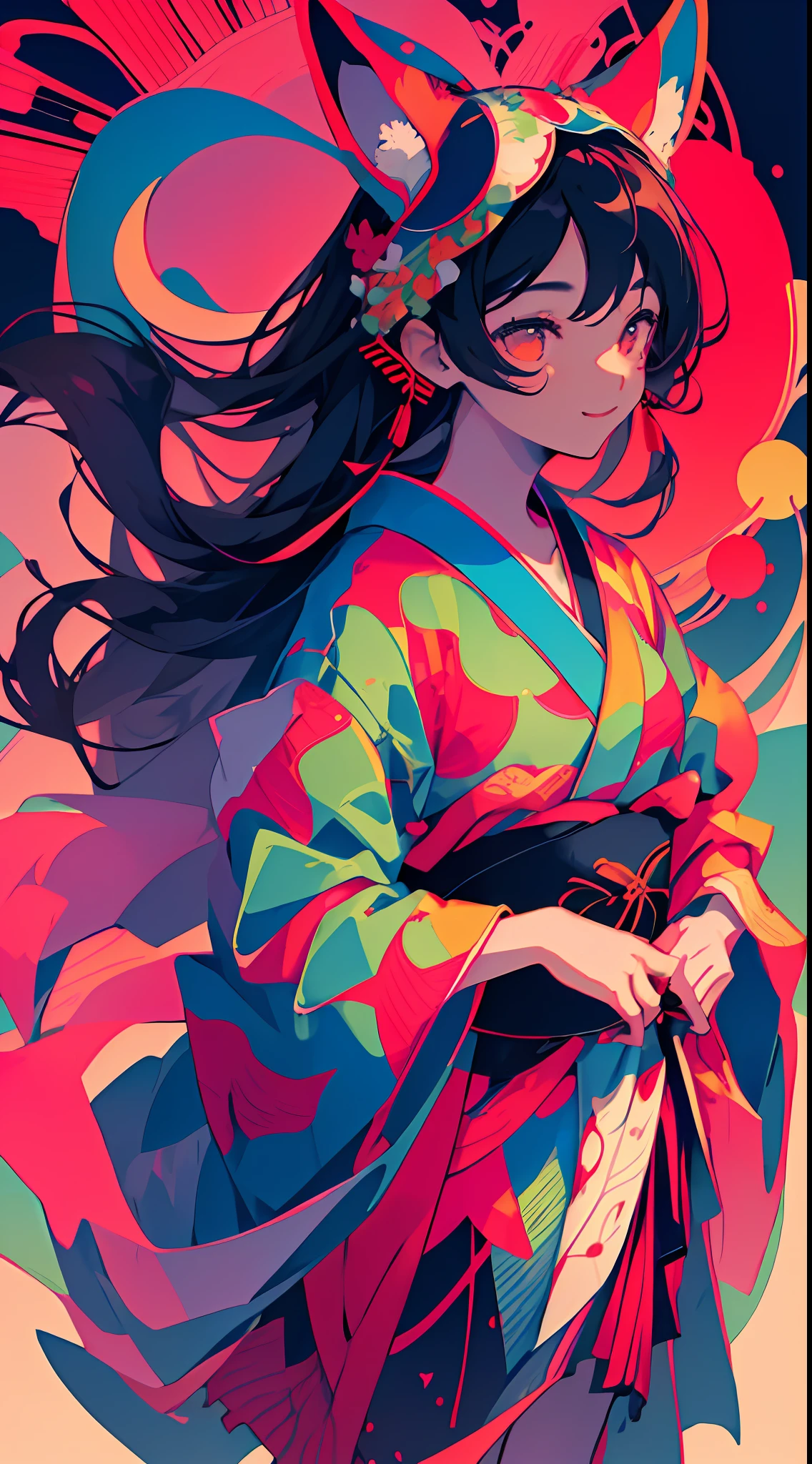 (masterpiece), (best quality), (((super detailed))), (disheveled hair), (illustration), (one girl), full body, smile, black-haired girl in red color kimono, goddess of the wind, hair in the wind, colorful golden folk kimono girl, blue, red, pink, white, exotic oriental atmosphere, stardust, cat ears